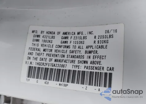 2016 Honda Accord Sport из США, поврежденный, VIN 1HGCR2F57GA230867